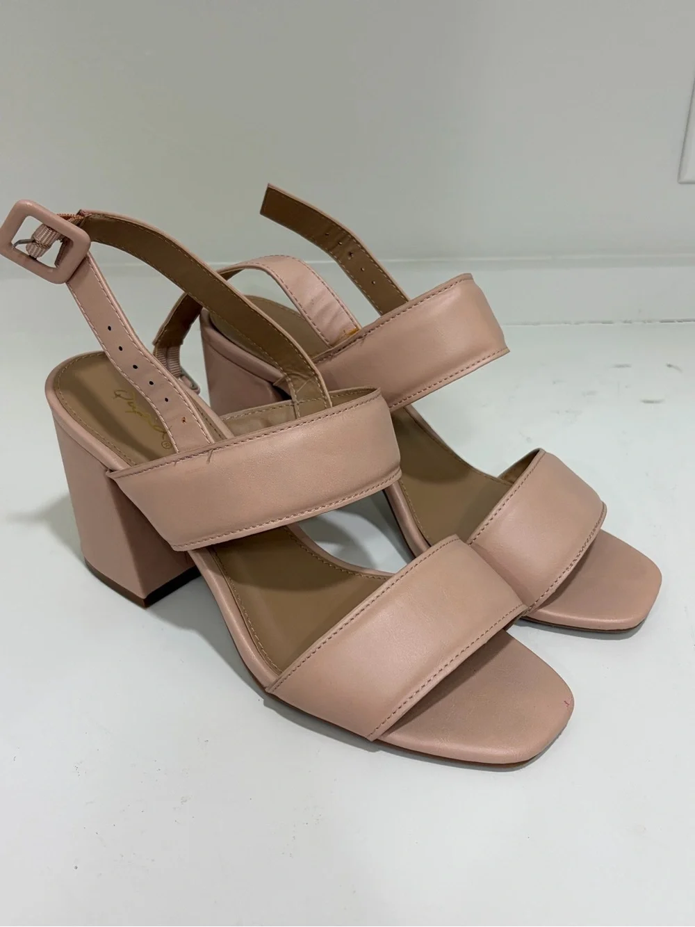Qupid Blush Pink Wide-Strap Block Heel Sandals